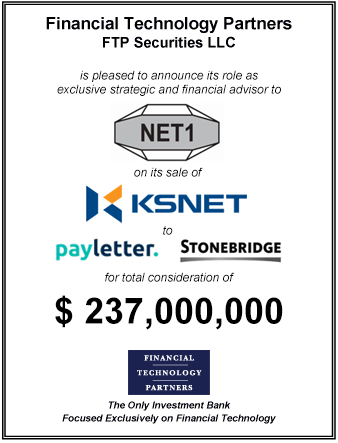 FT Partners Advises Net1 on its Sale of KSNET for $237,000,000